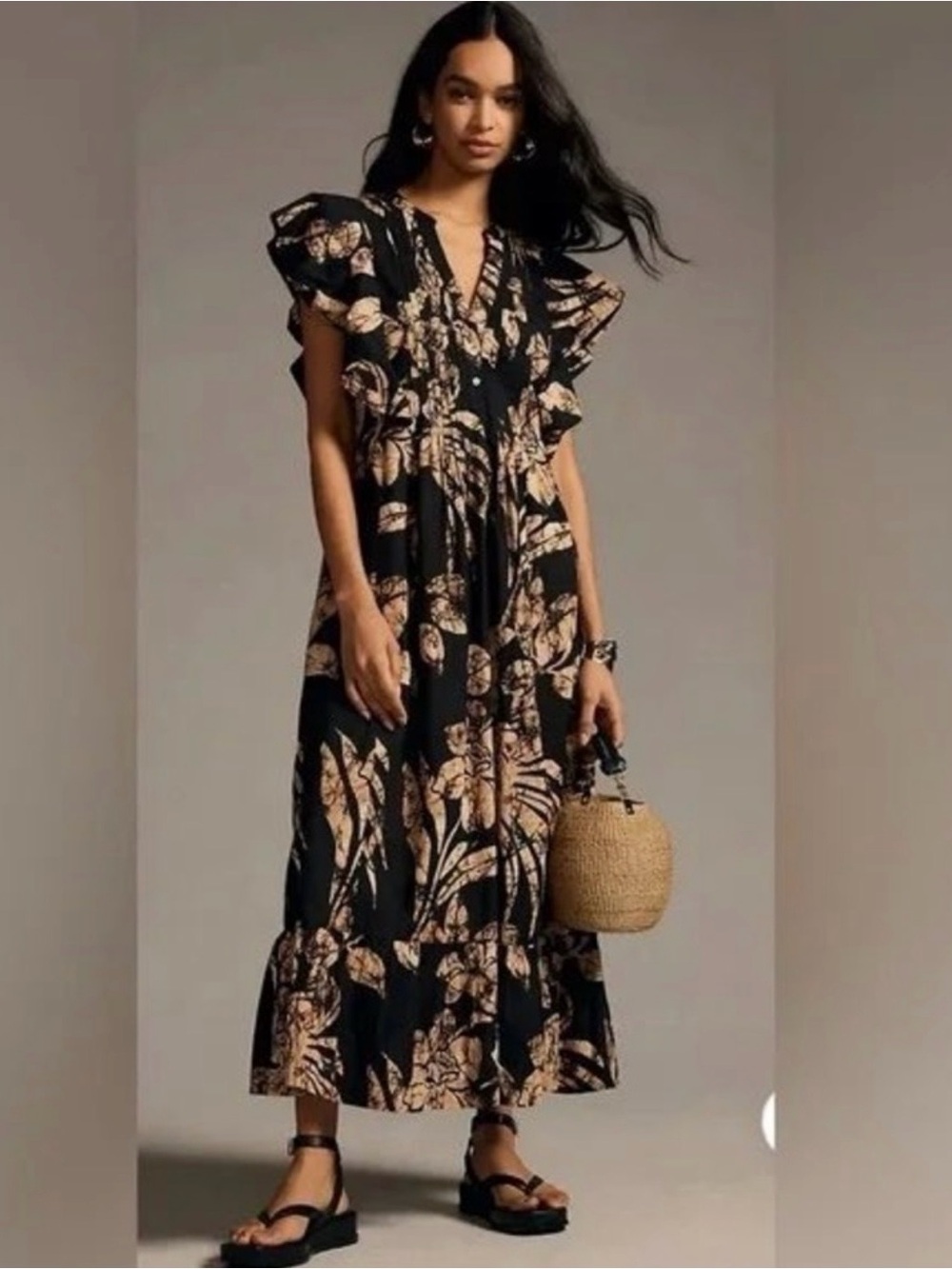 Anthropologie Maeve Black Flutter Sleeve Maeve Cassandra Maxi Dress Size M Boho